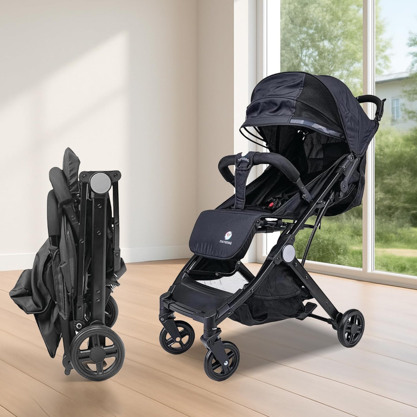 Tinyberg Baby Stroller 05 Years, SoftTouch Fabric & Sleek Design, 360 Wheels With Shock Absorbers, Protective Cover, 5Point S