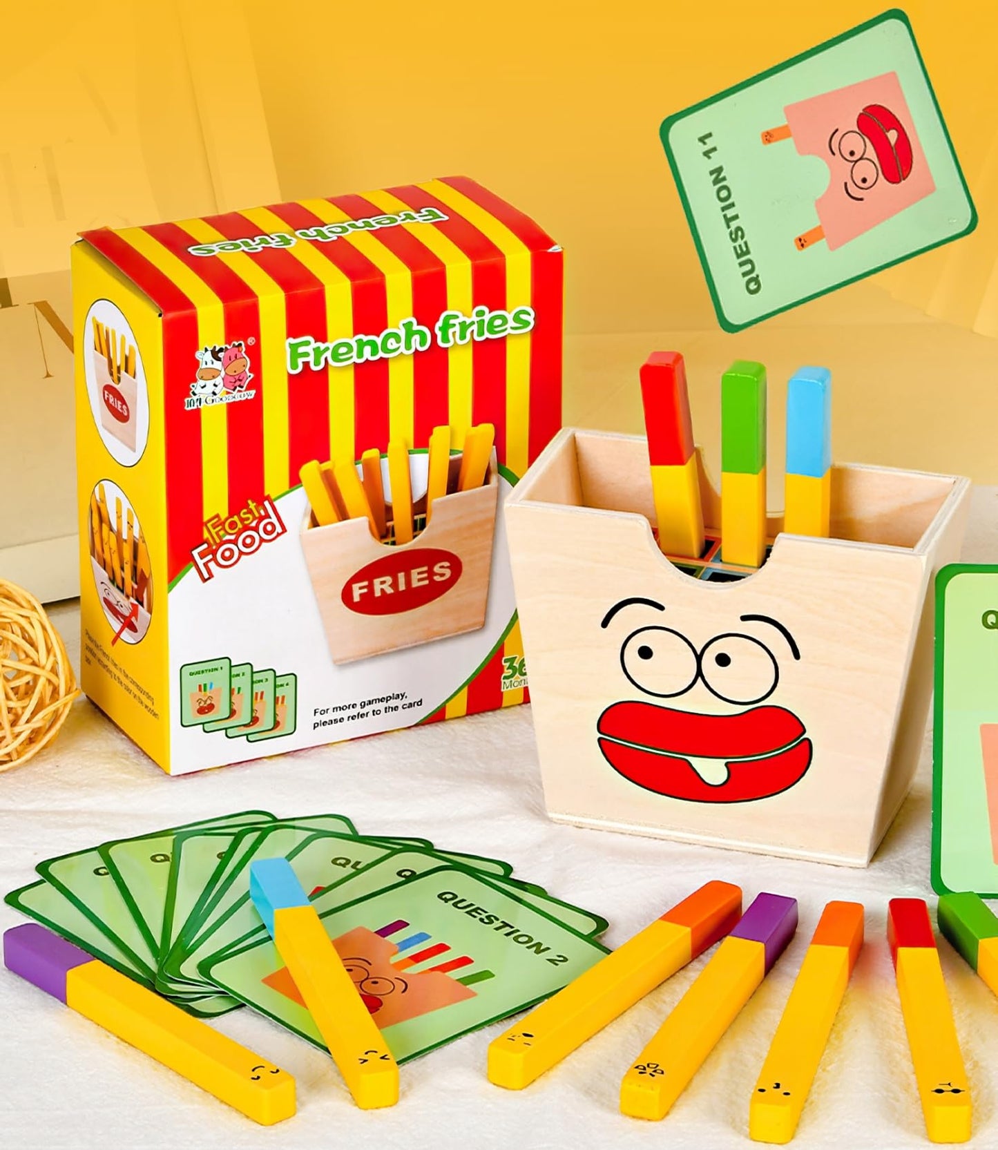 MIKNEKE Wooden French Fries Sorting & Stacking Toys for Toddlers, Montessori Toys for 3 Year Old, Preschool Educational Toys to