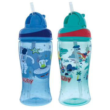 Nuby 2Pkthirsty Kids No-Spill Flip-It Printed Boost Cup With Thin Soft Straw - 12Oz, 18+ Months, 2Pack Print May Vary