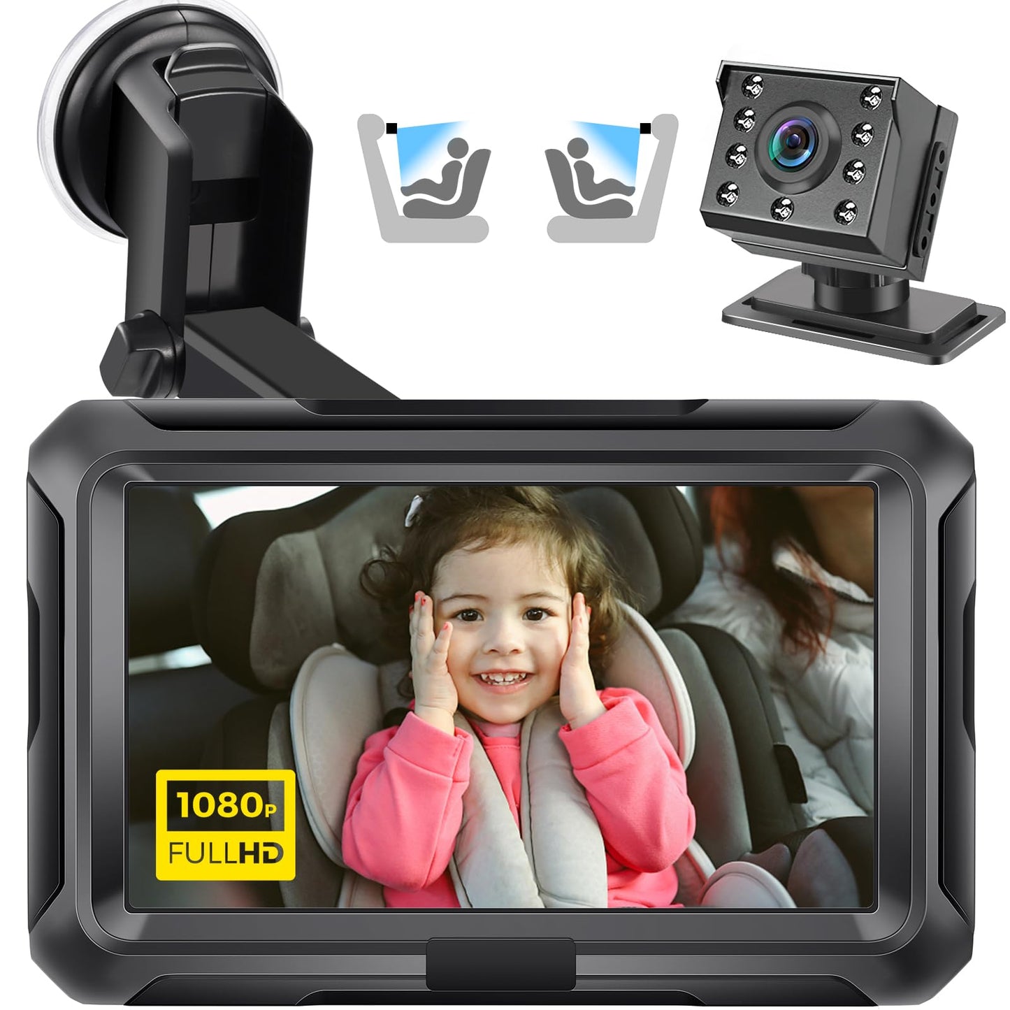 Zacro 1080P Baby Car Camera, 4.3' Baby Camera For Car, With Hd Night Vision, 150 Wide View Angle Baby, 360 Rotatable, For Baby
