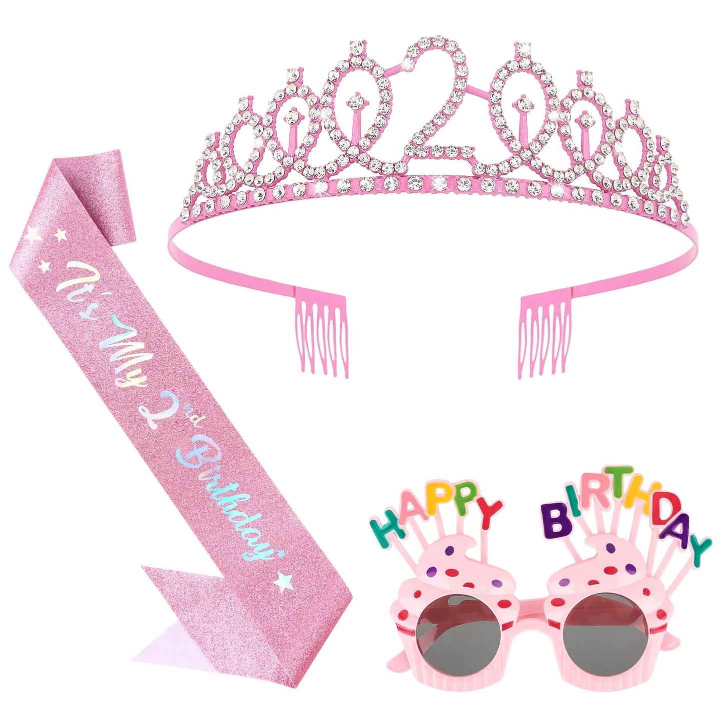 YARIEW 2nd Birthday Decorations 2nd Glitter Sash and Crown Kit with Happy Birthday Sunglasses, Tiara Princess Crown and Sash Par