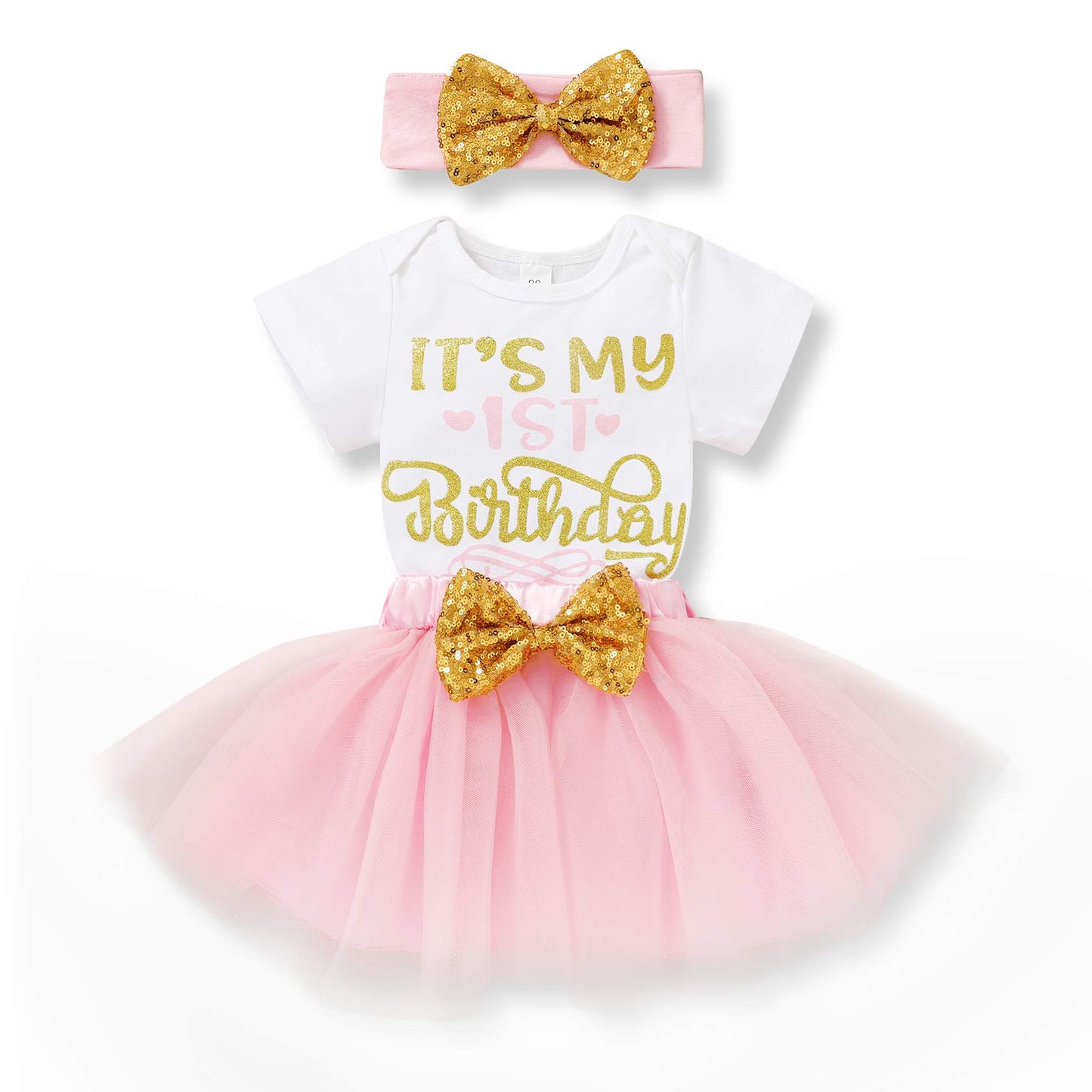Younger Tree Newborn Baby Girls My 1St Birthday Dress Infant Shiny Printed Sequin Bowknot Tutu Princess Dress (Pink, 12-18 Month