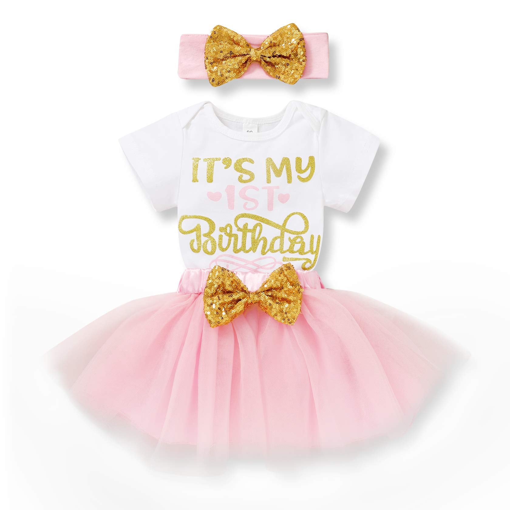 Younger Tree Newborn Baby Girls My 1St Birthday Dress Infant Shiny Printed Sequin Bowknot Tutu Princess Dress (Pink, 12-18 Month