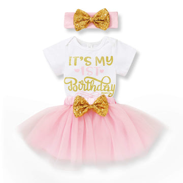 Younger Tree Newborn Baby Girls My 1St Birthday Dress Infant Shiny Printed Sequin Bowknot Tutu Princess Dress (Pink, 12-18 Month