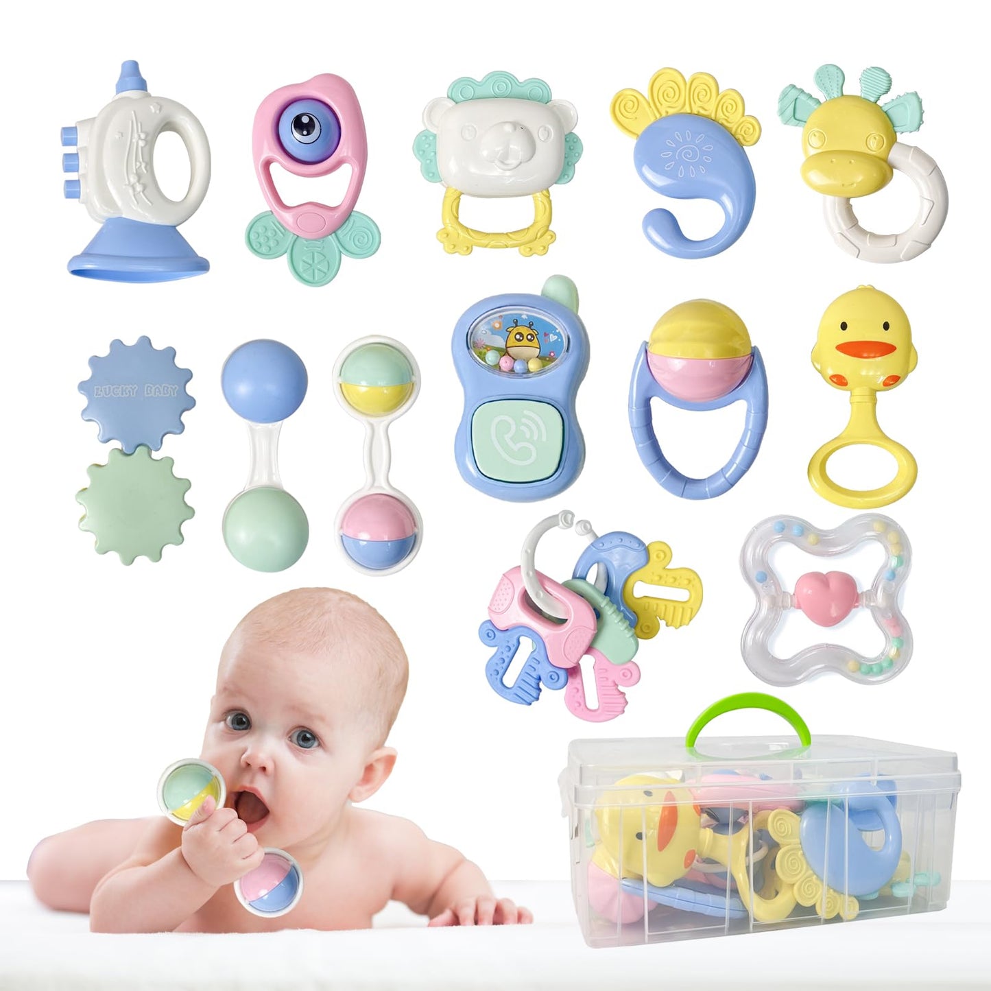 Cuterabit 13PCS Baby Rattles 0-6 Months, Baby Teething Toys with Storage Case, Infant Toys 0-3-6-12 Months, Baby Girl Toys, Best