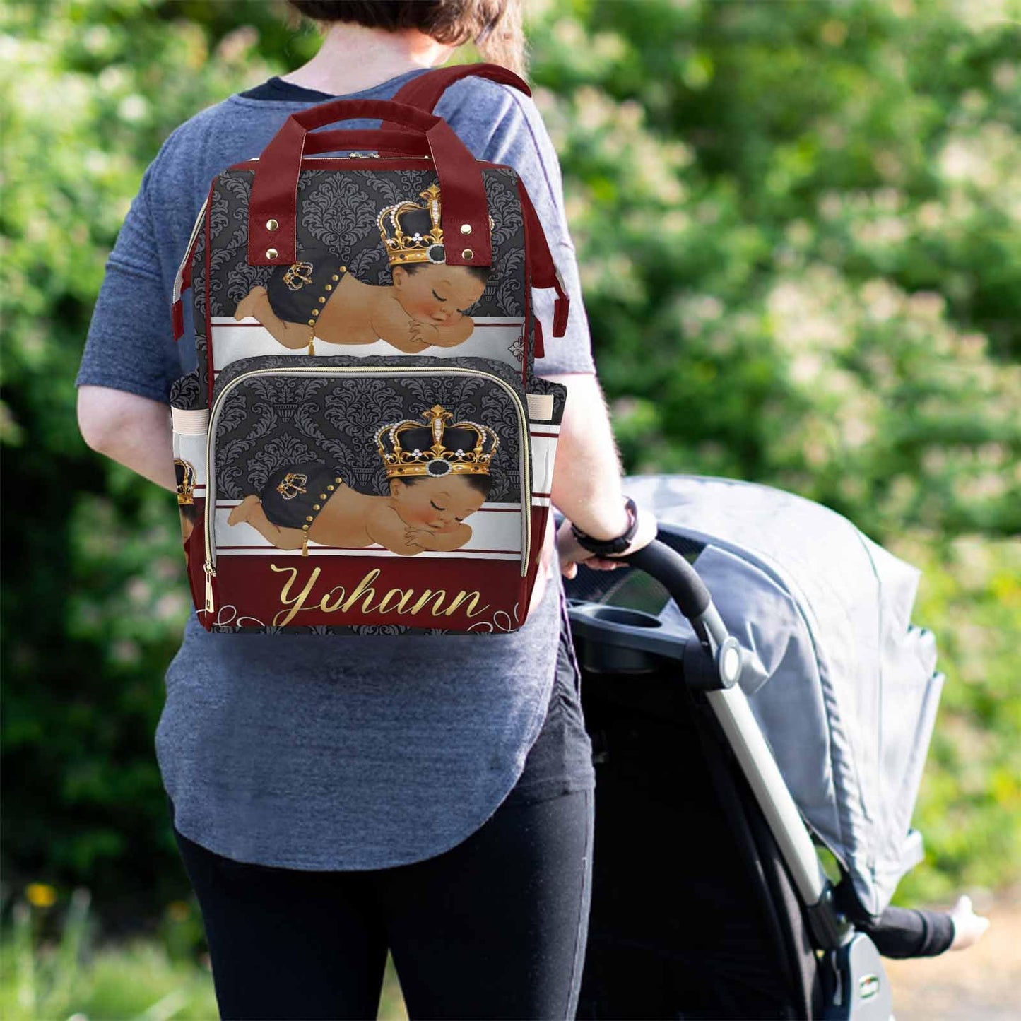 M Yescustom Personalized Baby Diaper Bag, Vintage Custom Red Crown Prince Diaper Bag With Name, Waterproof Diaper Bag Backpack M