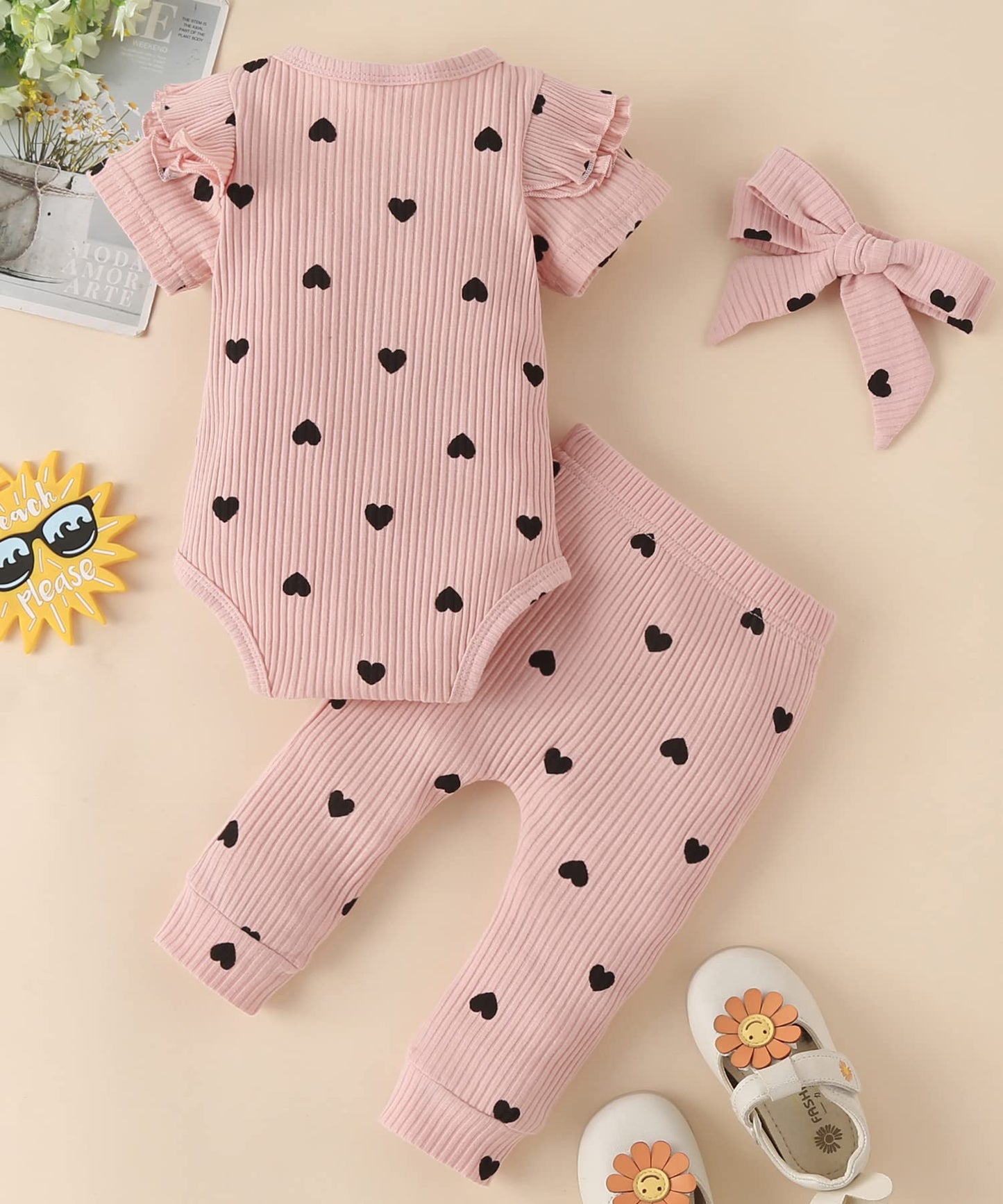 Fullfamous Infant Baby Girl Clothes Outfits,Spring Summer Romper And Pant Set 9-12 Months Pink Heart