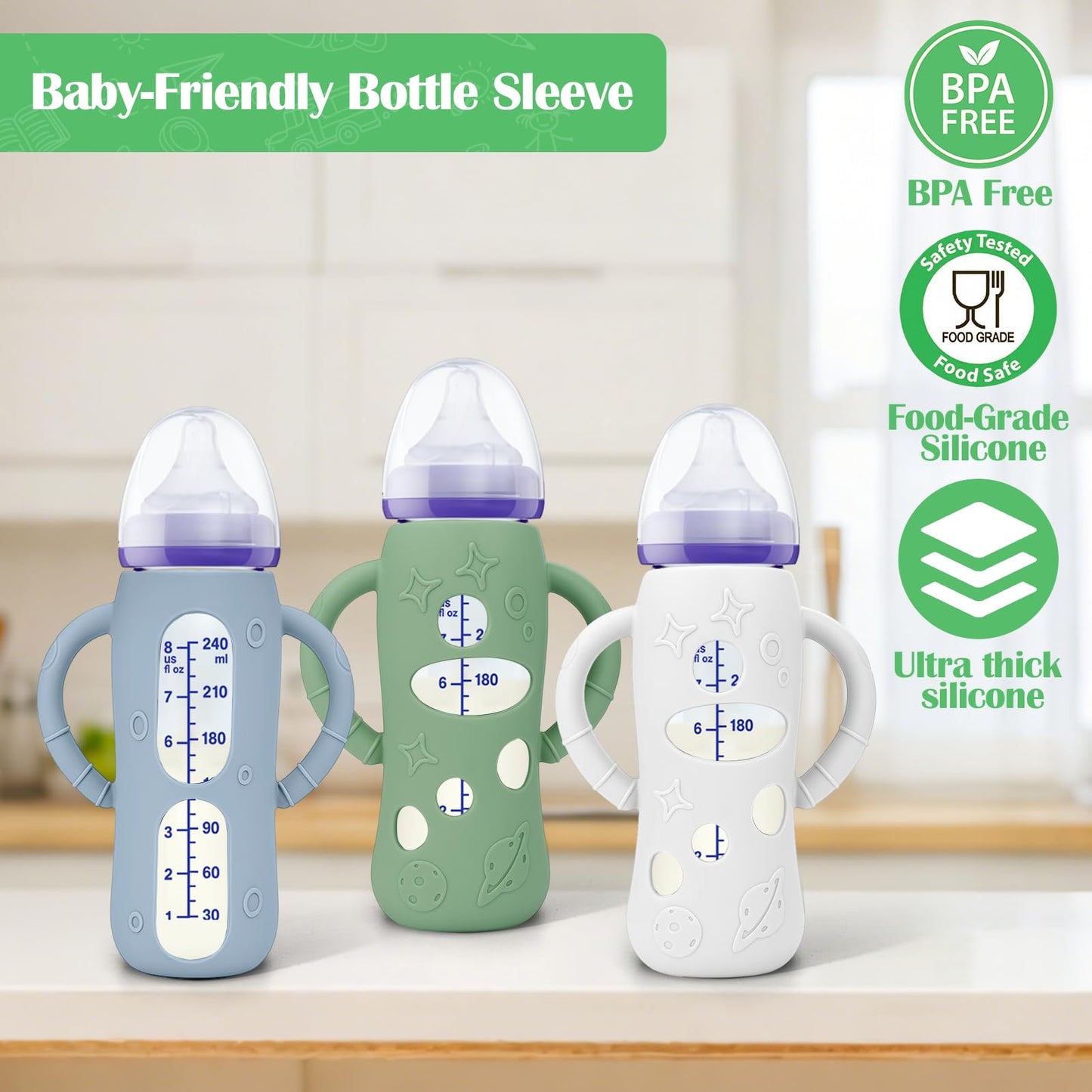 BUSOHA 3 Pack Silicone Sleeves for Lansinoh Glass Baby Bottles - Wide Neck Baby Bottles Sleeves for Lansinoh Bottles Baby Anti-C
