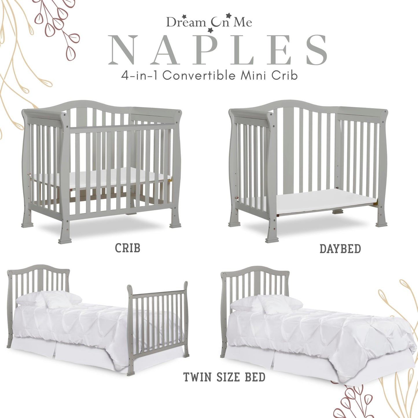 Dream On Me Addison 4-In-1 Convertible Mini Crib In Cool Grey, Greenguard Gold Certified, Non-Toxic Finishes, Built Of New Zeala
