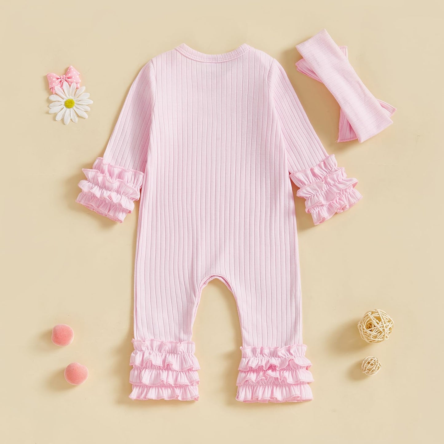 Fiomva Baby Girl Fall Outfits Newborn Ribbed Knit Romper Coming Home Outfit Infant Ruffle Jumpsuit Valentines Clothes (D Ribbed