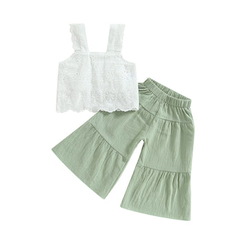 VISGOGO Kids Baby Girls Summer Outfit Solid Color Sleeveless Lace Tank Tops Bell-bottom Casual Wide Leg Pants Set (Green, 18-24 