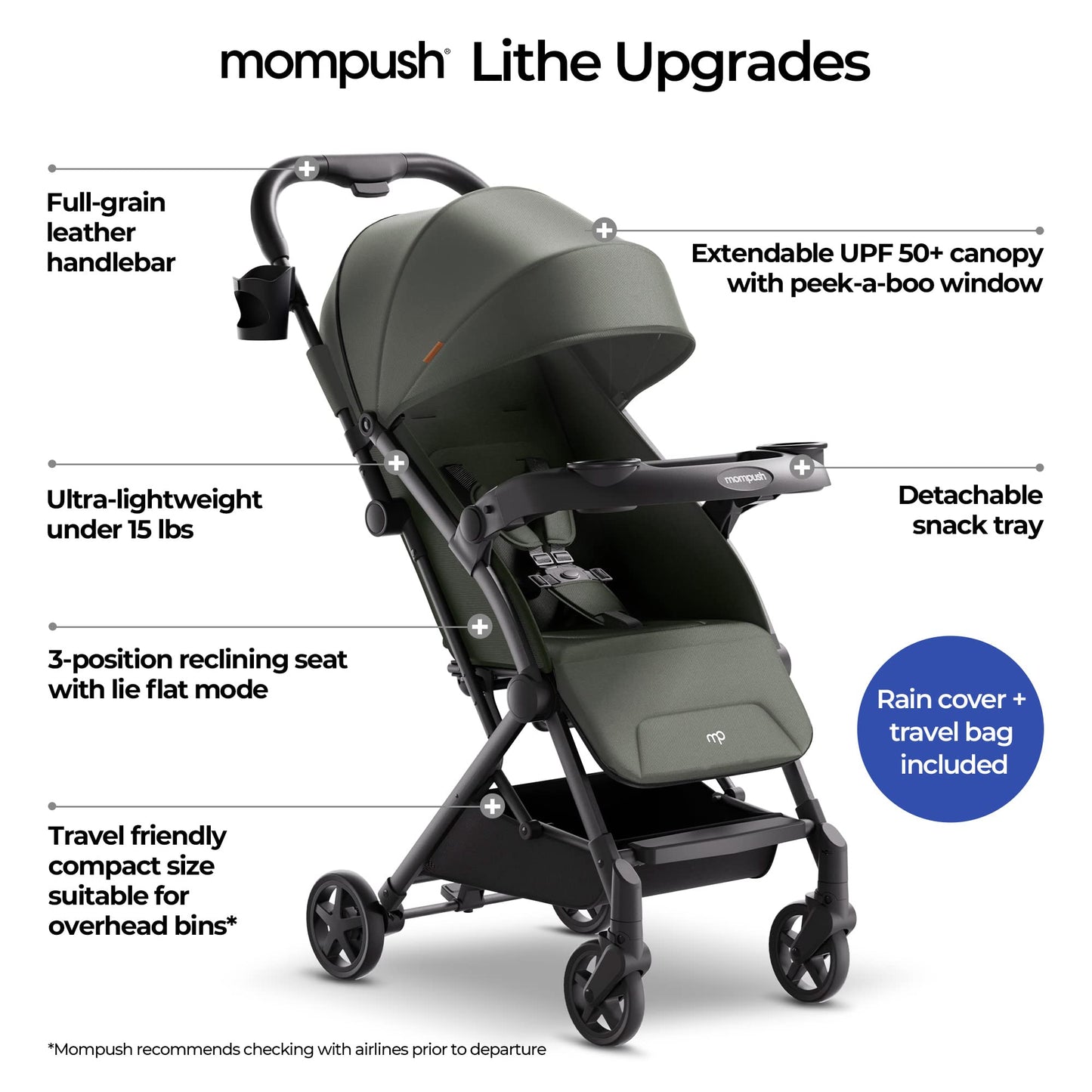 Mompush Lithe V2 Lightweight Travel Stroller, Compact Foldable Baby Stroller with Travel Bag, One-Hand Fold Stroller, Snack Tray