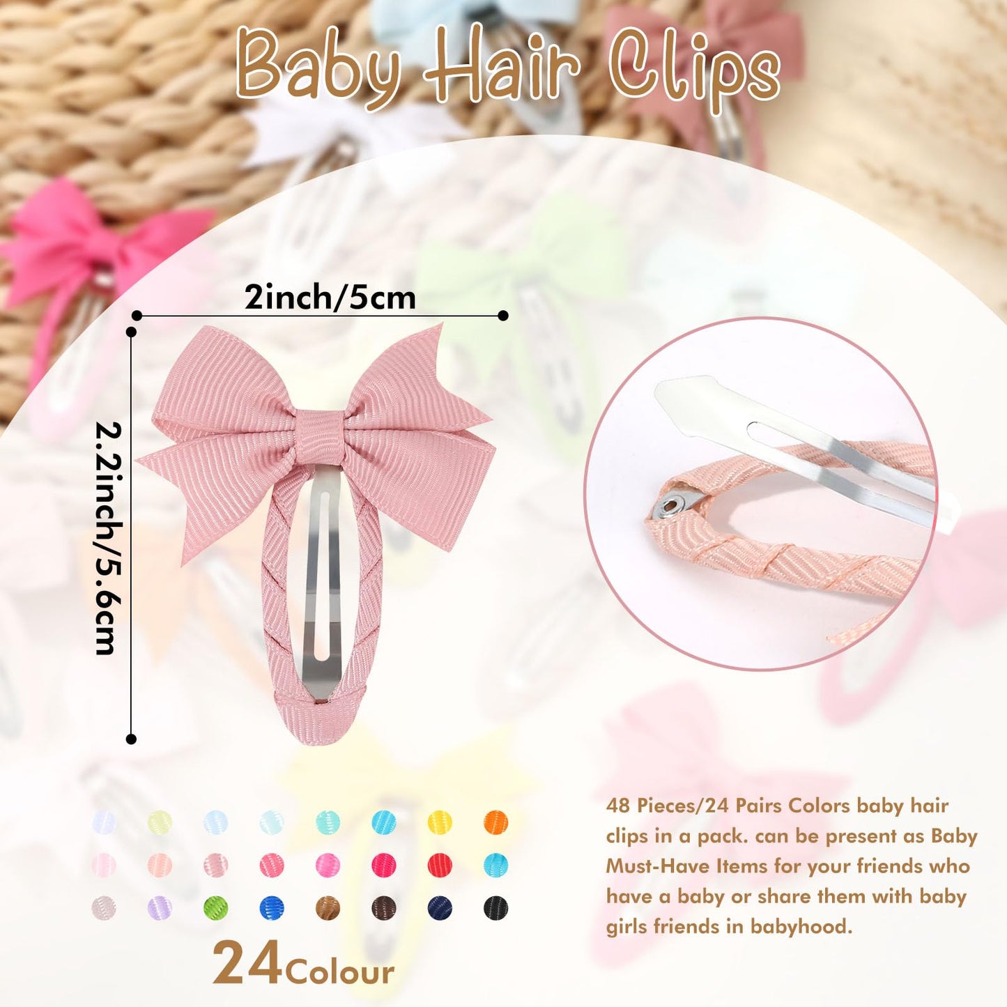 24Pcs 2Inch Baby Hair Clips, Oaoleer Baby Girls Fully Lined Baby Bows Hair Pins Tiny Hair Bows Alligator Clips For Baby Girls In