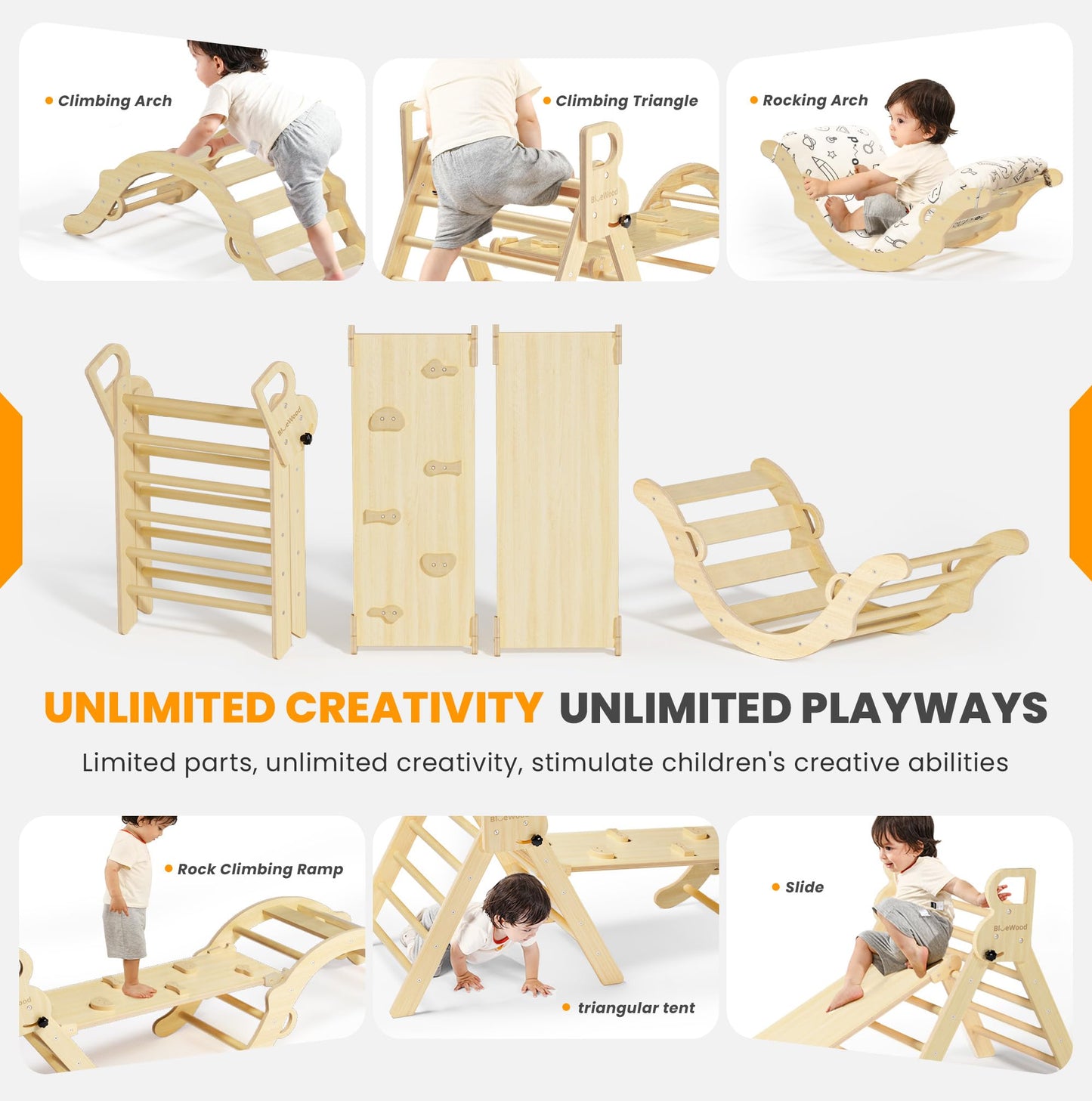 Bluewood Pikler Triangle Set With Cushion, 8-In-1 Climbing Toys For Toddlers, Montessori Philosophy Play Jungle Gym With Arch, R