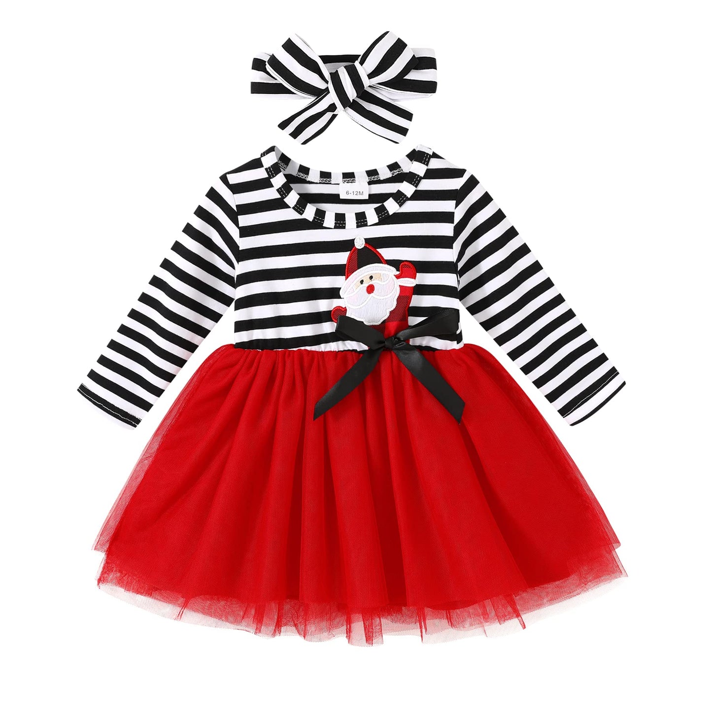 Mamami 2Pcs Toddler Baby Girl Christmas Dress Cotton Long Sleeve Santa Prints Christmas Princess Tutu Dress+Headband 6M-6T(4-5T,
