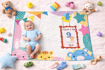 Growth Keepsake Baby Blanket 51 * 43 Inch Animal Theme Monthly Age Marker Blanket Cute Bunny Bear Bird Print Background Washable