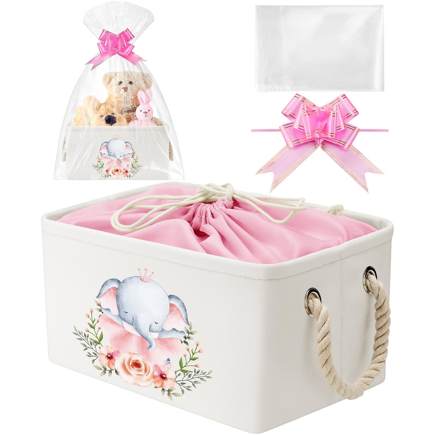 Pickmesh Rectangular Baby Storage Basket With Gift Bags And Ribbons, Baby Shower Storage Collapse Bin With Handles Diy Gift Bask