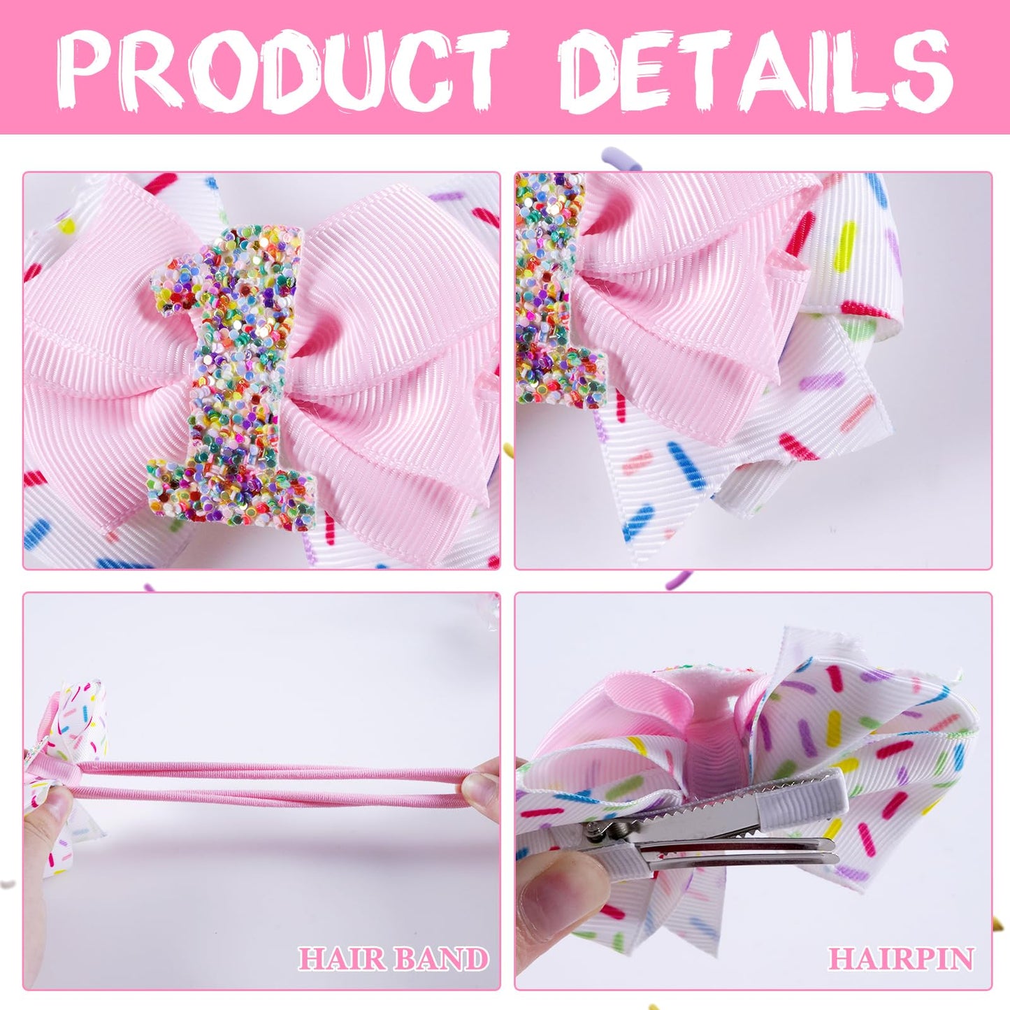2Pcs Birthday Hair Bow For Girls, Pink Sprinkle Confetti Hair Clip For Baby Girls 1St Birthday Party Decorations