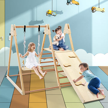 Olakids Toddlers Triangle Climbing Set, 4 In 1 Foldable Kids Wood Montessori Climber Ladder With Ramp, Slide And Swing, Indoor P