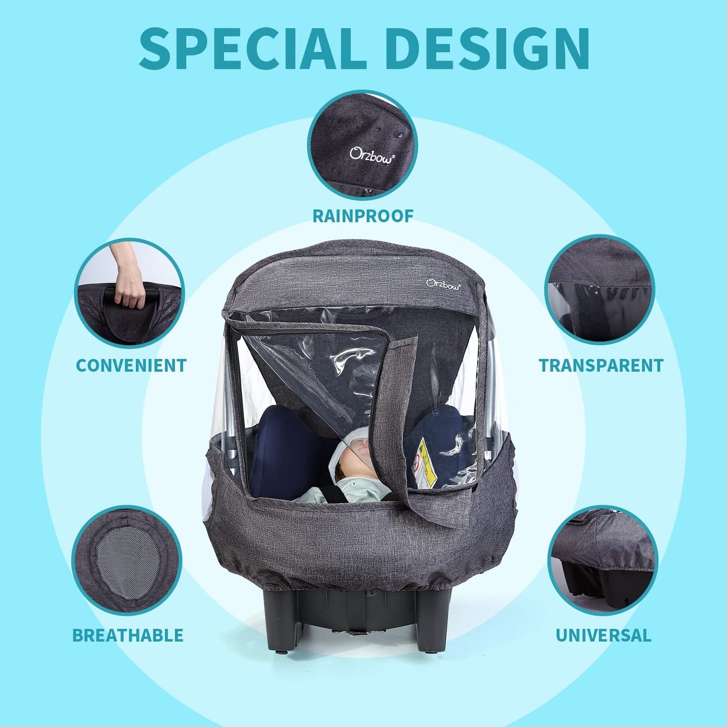 Universal Car Seat Rain Cover, Weather Shield for Infant Car Seat with Storage Bag, Side Ventilation & Handle Opening, Provides