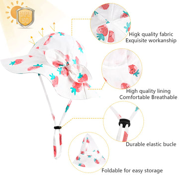 Baby Girl Sun Hat With Upf 50+ Outdoor Adjustable Beach Hat With Wide Brim Bucket Hats (6-12 Months, White-Strawberry Printing)