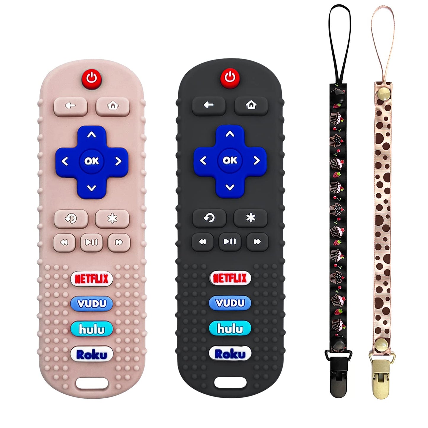 2Pack Teething Toys for Babies, Remote Control Shape Silicone Teether Toys,Baby Teethers for Toddlers Boys Girls (Black + Coral