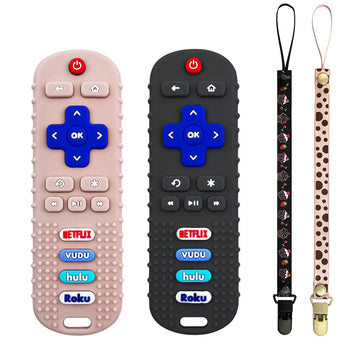 2Pack Teething Toys for Babies, Remote Control Shape Silicone Teether Toys,Baby Teethers for Toddlers Boys Girls (Black + Coral