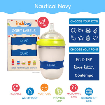 Inchbug Orbit Labels - White Contrasting Personalization Silicone Baby Bottle & Sippy Cup Bands - Reusable, Dishwasher Safe, Eng