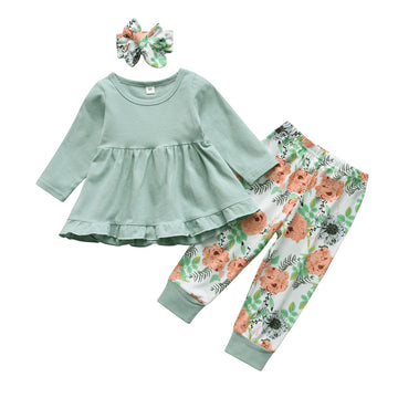 Kulcerry Toddler Baby Girl Clothes Solid Color Long Sleeve Ruffle Tops Floral Pants Headband Outfits Set (18-24 Months, Green