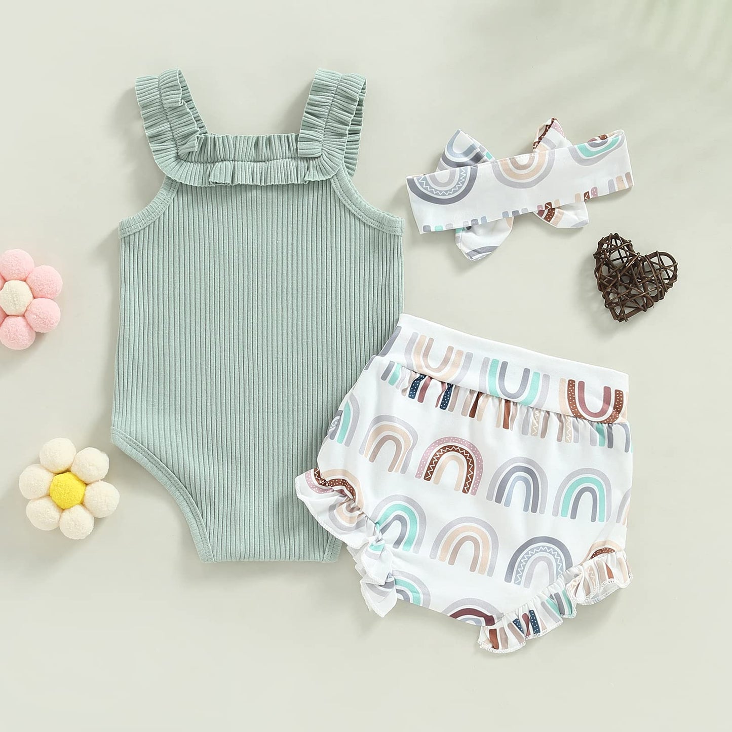 Fhutpw Baby Girl Clothes Summer Cute Outfits 3 6 12 18 Months Spaghetti Strap Romper & Floarl Shorts Sets