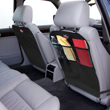 Automuko Kick Mats With Organizer - Premium Thick Waterproof Quality Seat Back Protectors - Extra Long Size With Adjustable Stra