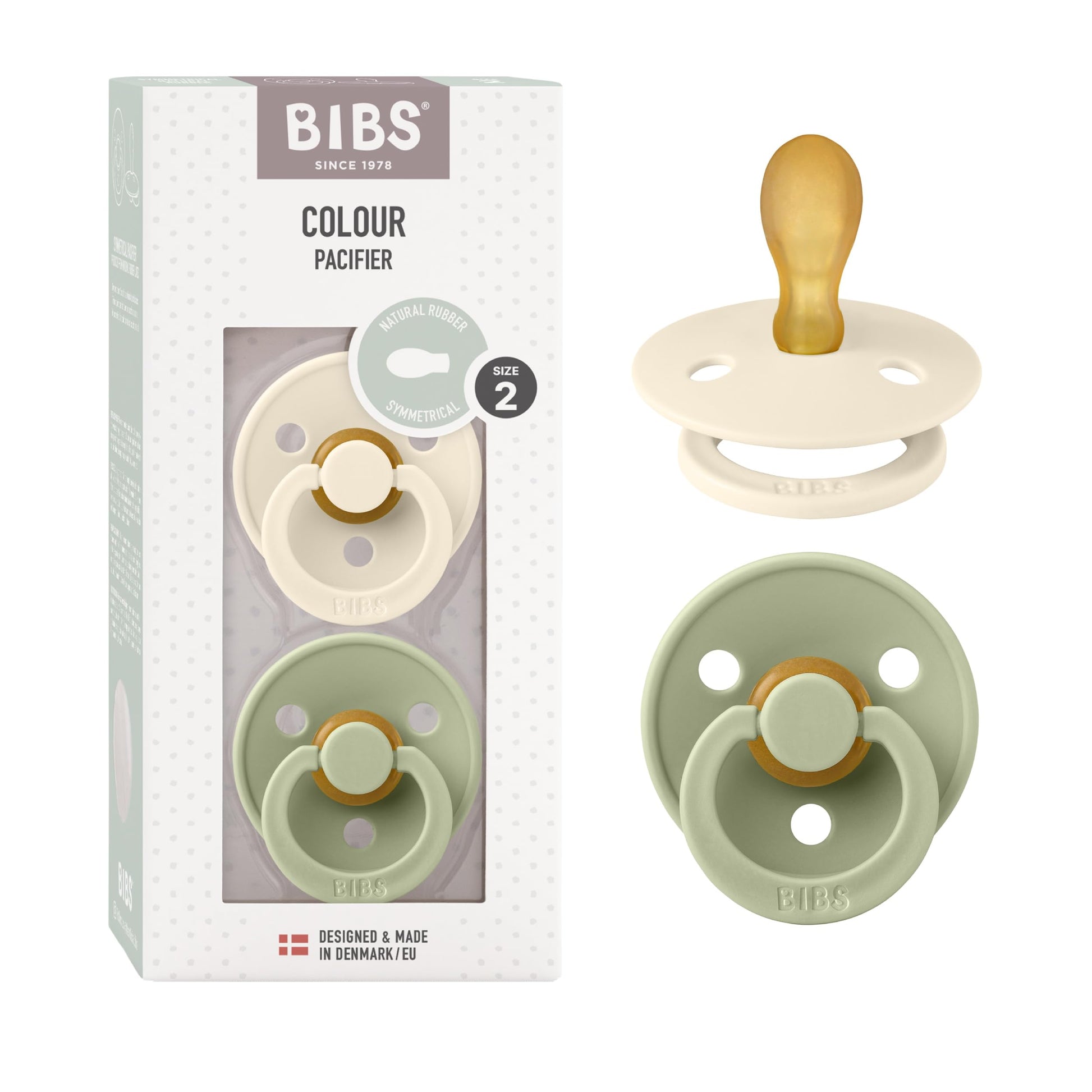 Bibs Pacifiers  Set Of 2 | Pacifier With Symmetrical Nipple | BpaFree Natural Rubber | Made In Denmark | Ivory/Sage, 618 Mont