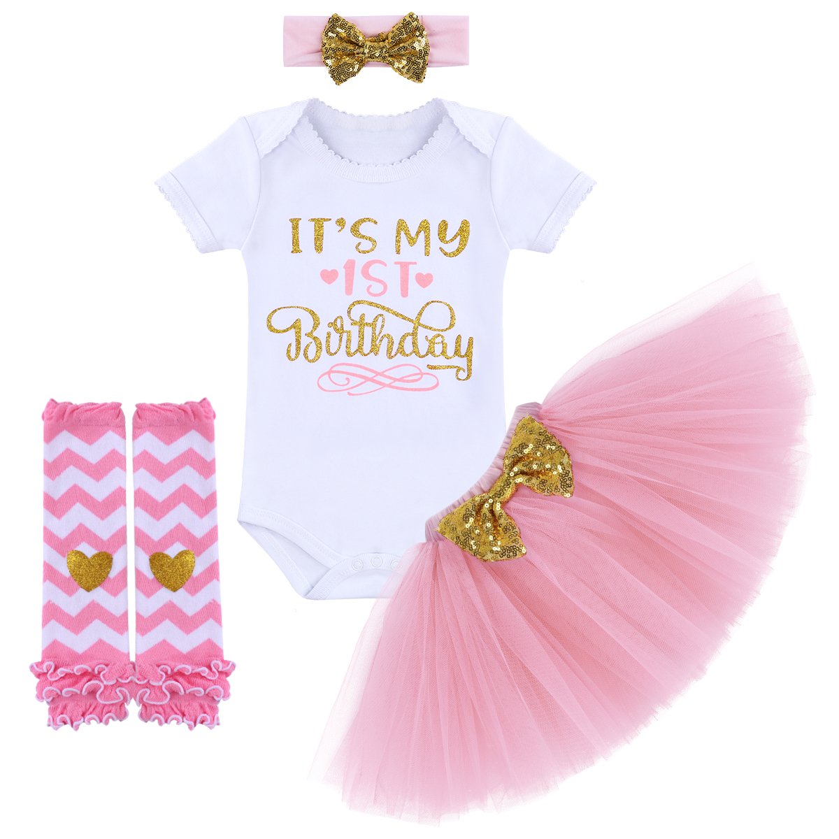 Its My 1St Birthday Outfit Baby Girl Romper Tutu Skirt Glitter Sequin Bowknot Headband Leg Warmers Clothes 4Pcs Set Cake Smash P