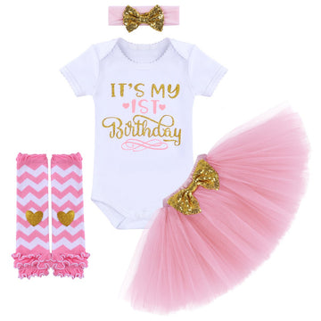 Its My 1St Birthday Outfit Baby Girl Romper Tutu Skirt Glitter Sequin Bowknot Headband Leg Warmers Clothes 4Pcs Set Cake Smash P
