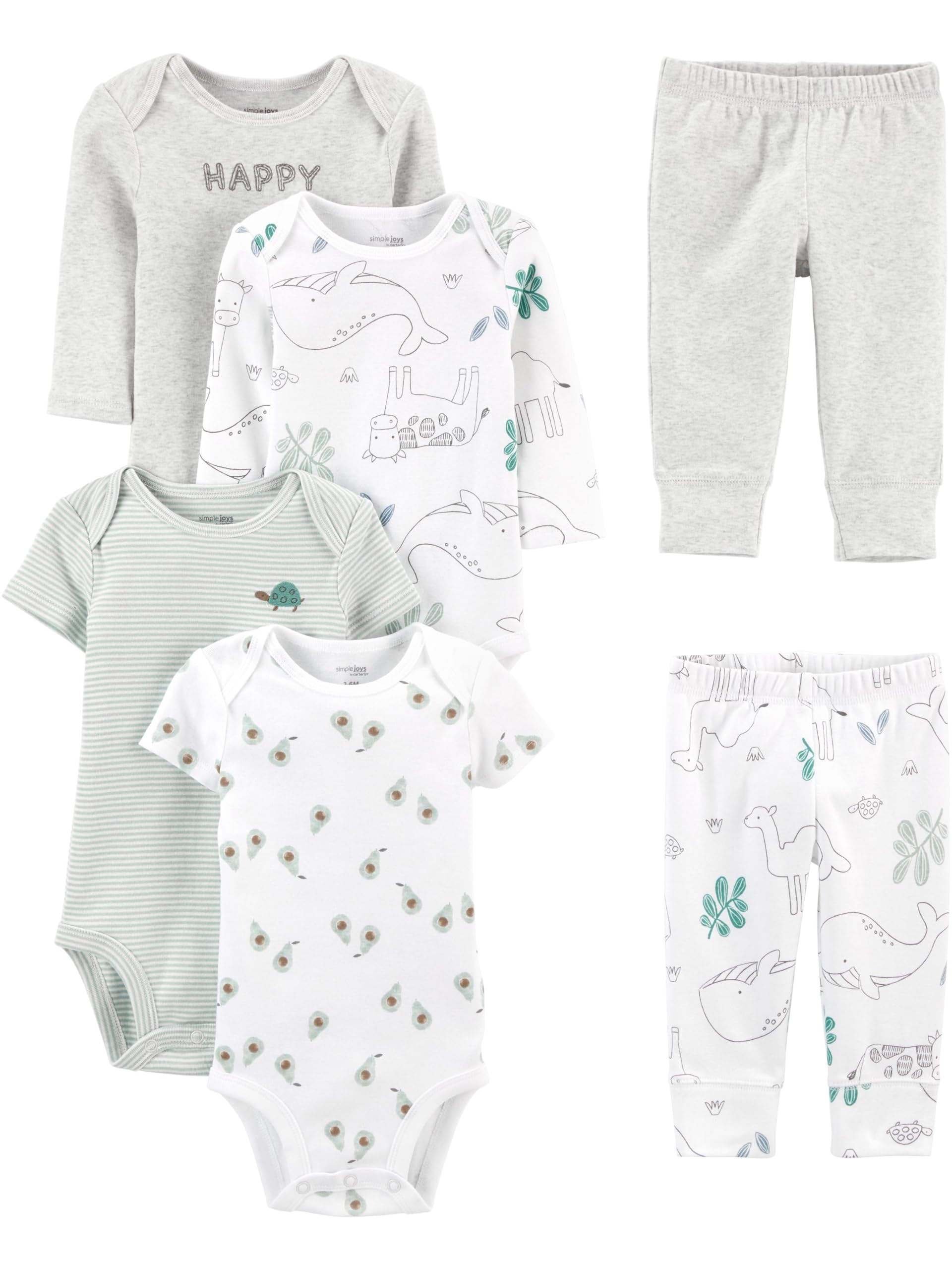 Simple Joys by Carters unisex-baby 6-Piece Bodysuits (Short and Long Sleeve) and Pants Set, Grey Heather/White Animal Print/Avo