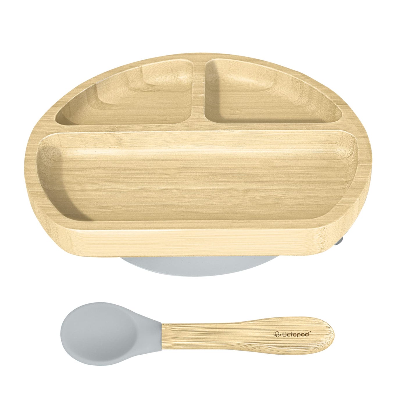 Abiie Octopod Bamboo Dish - Kids Plates For 4 Months And Up, 3-Compartment Baby Plates With Suction, Triangle Bamboo Baby Plate,