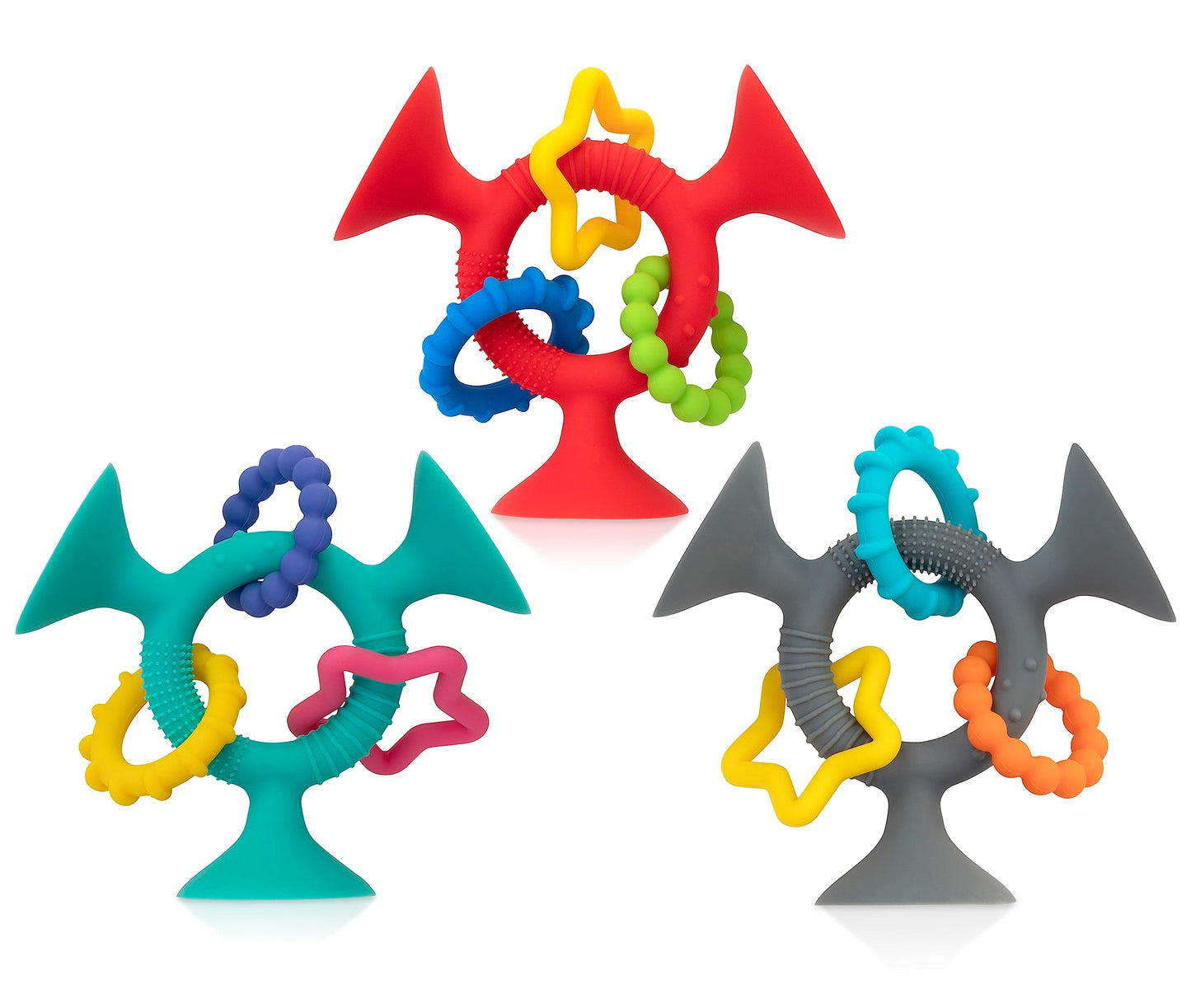 Nuby Silly Three Prong Interactive Suction Toy with Colorful Rings, Red