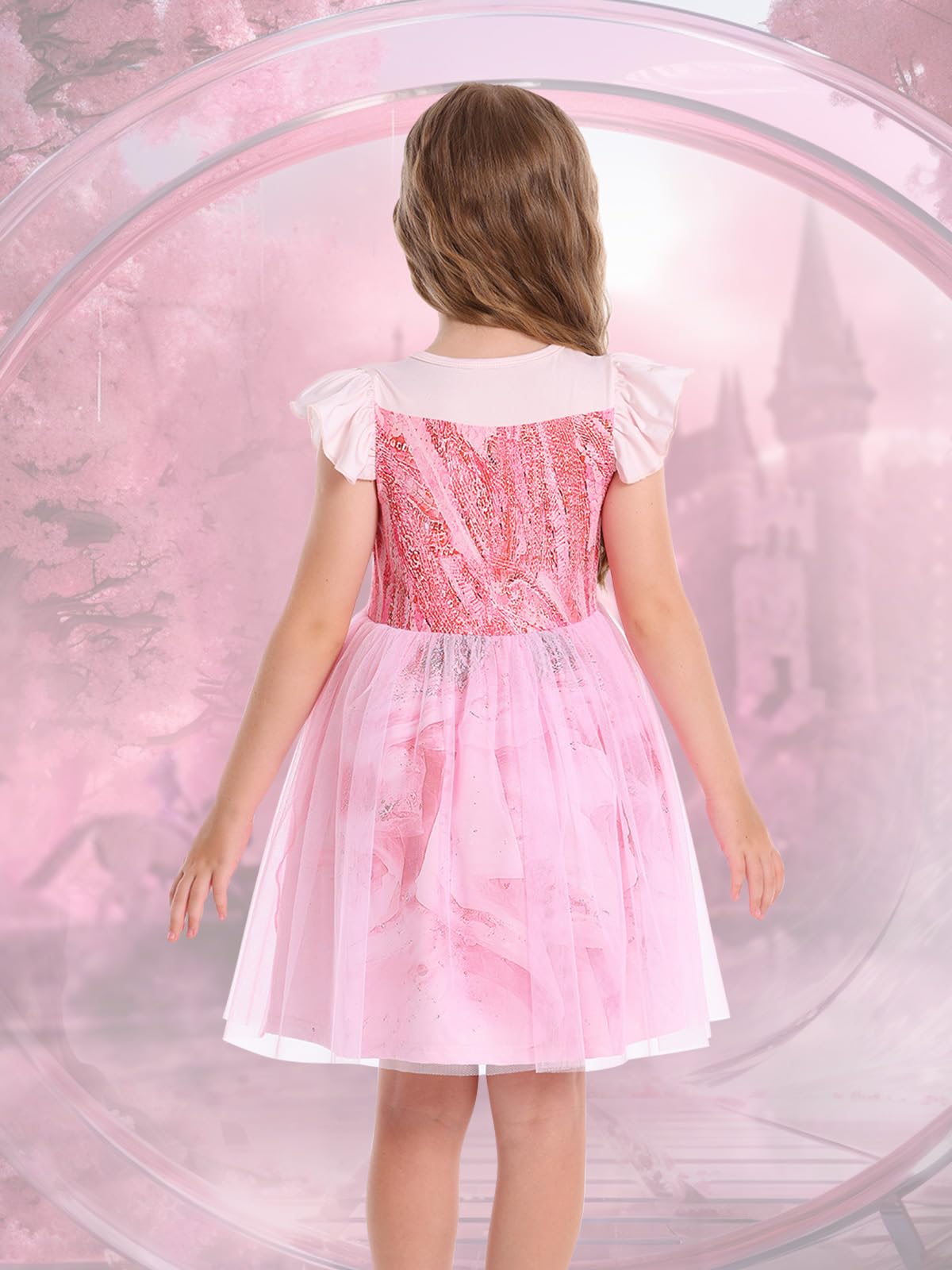 Marendyee Pink Witch Dress For Girls Halloween Costume Kids Tulle Dresses Flutter Sleeve (9-10 Years)