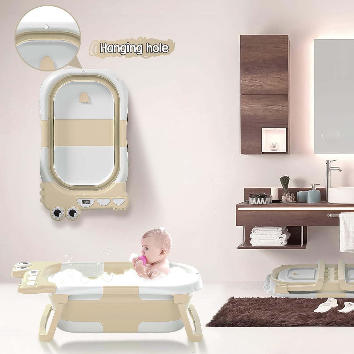 Collapsible Baby Bathtub For Newborn, Alligator Foldable Baby Bath Tub With Thermometer & Soft Floating Cushion & Drain Hole, Po