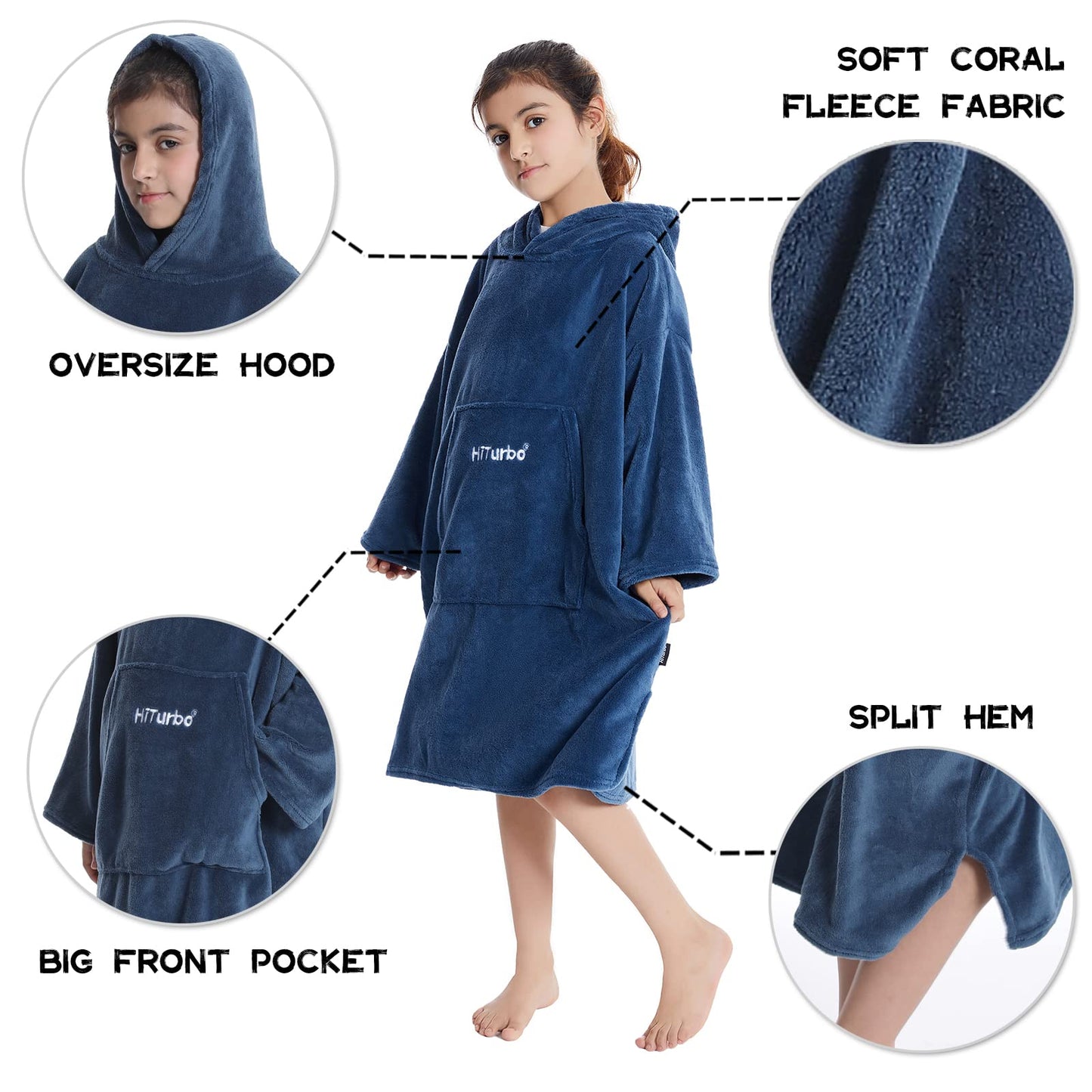 Hiturbo Kids Towel Changing Robe: Soft Plush Wearable Blanket - Warm Coral Fleece Hoodie - Swim Surf Poncho For 5-12 Years (Navy