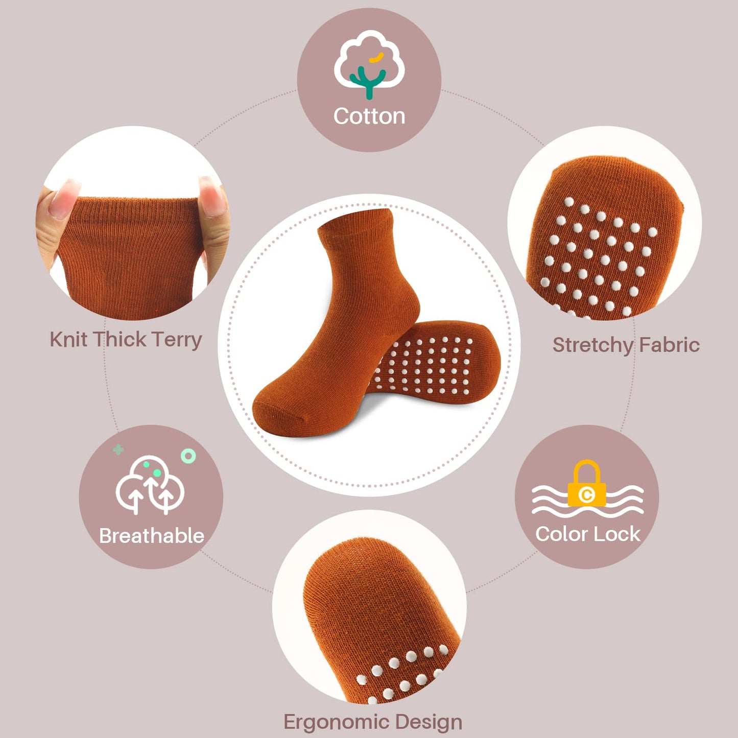 Jakidar 12 Pairs Baby Socks Cotton Crew Toddler Socks Grips Non Slip Bottom Socks, Magenta Caramel Cream 6-12M