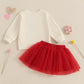 Toddler Baby Girl Valentines Day Outfit Red Love Heart Bow Sweatshirt And Tulle Tutu Skirts Set Cute Spring Clothes (Beige Siste