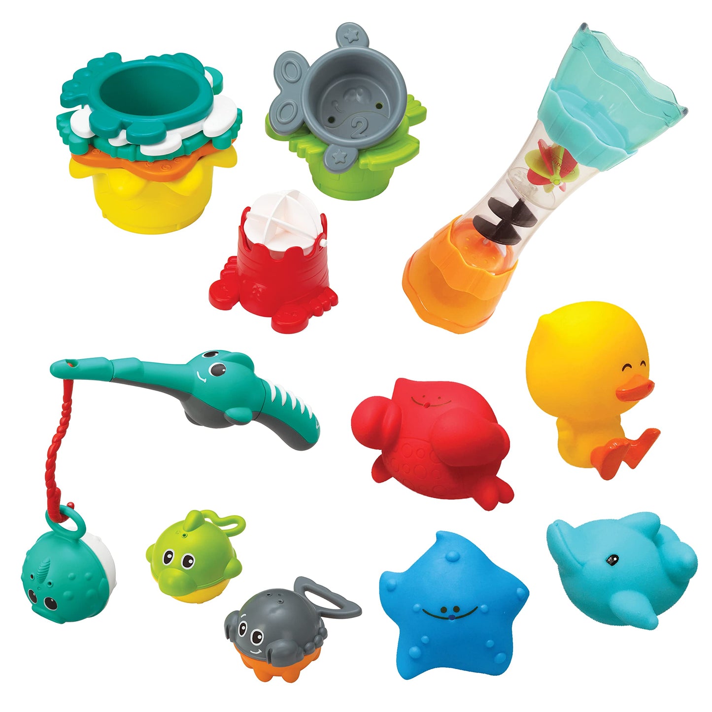 Infantino Splish & Splash Bath Play Set - Fishing Rod, Sea Pals, Bath Squirters, Stacking Cups, Fill & Spin Water Wand - Introdu