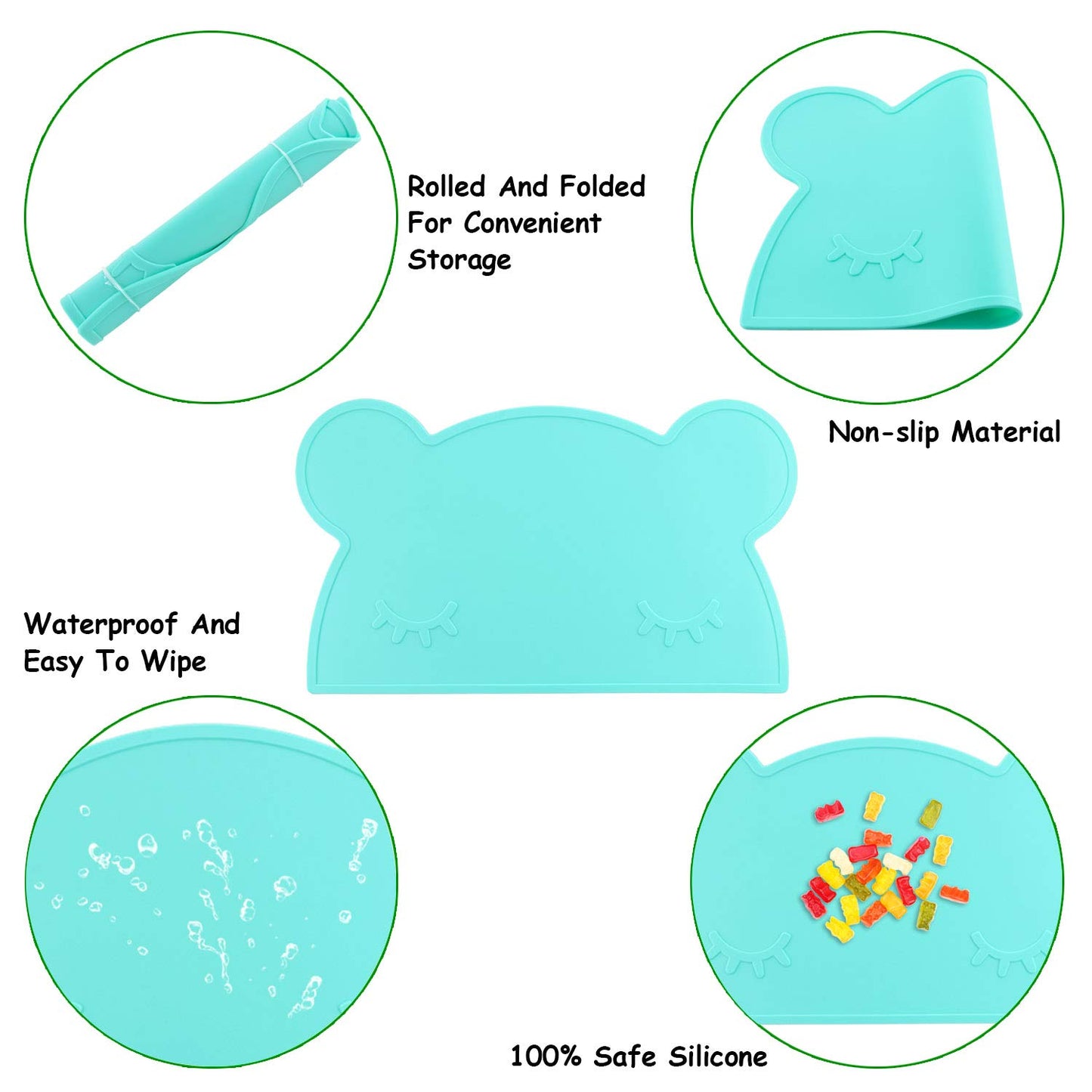 M Moacc Toddlers Non-Slip Silicone Placemat Cute Bear Kids Placemats Washable Dining Table Food Mat For Children Baby,Mint Green