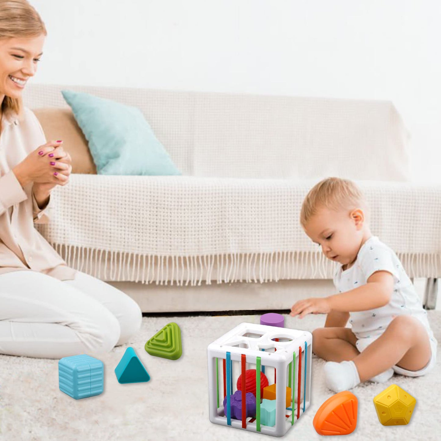 Baby Sensory Shape Sorter Blocks Toy, Activity Cube Bins, Montessori Educational Learning Fine Motor Skills Toys for Babies Todd
