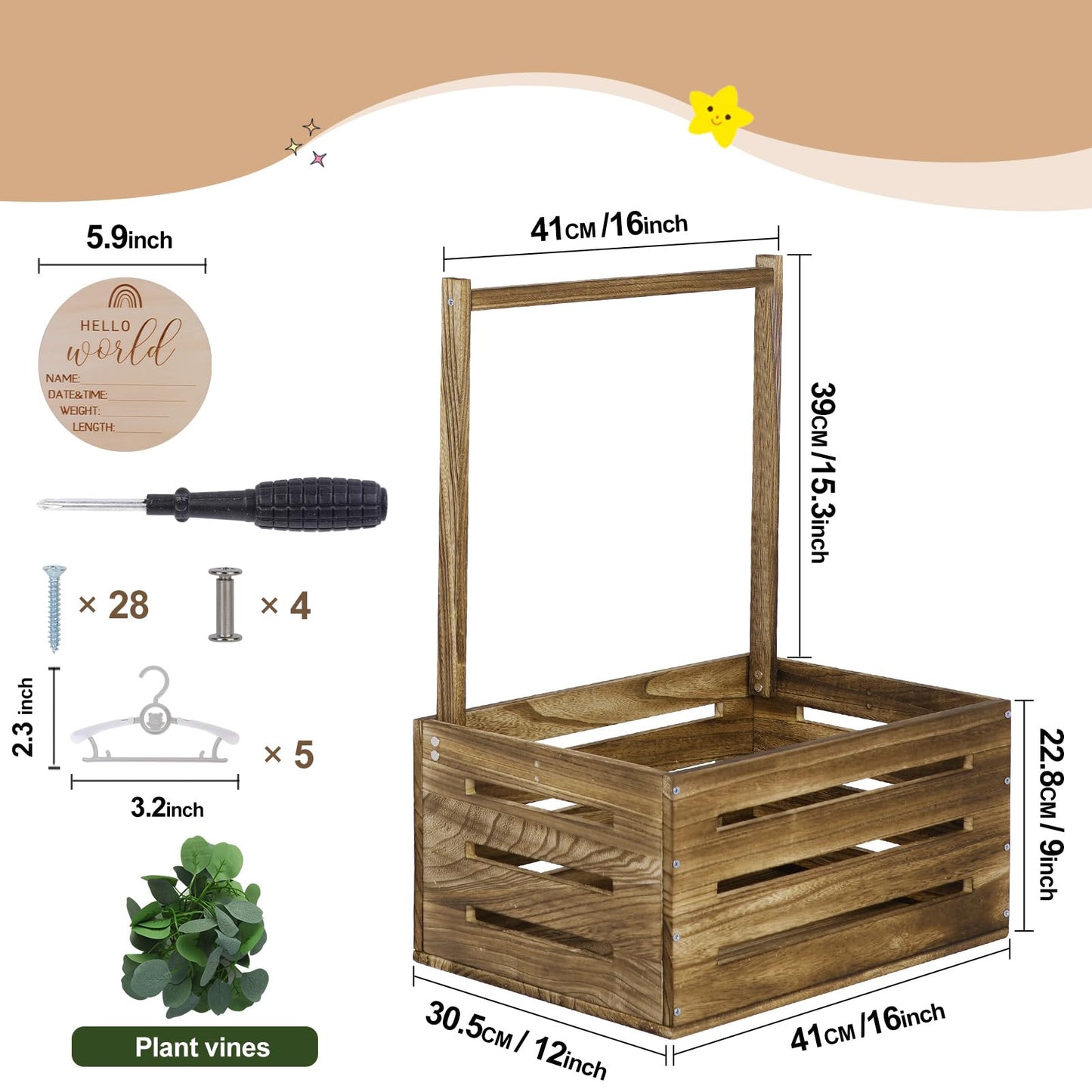 Snpwne Wooden Baby Shower Crate Baby Basket With Handle, Baby Storage Crate, Baby Welcome Box, Newborn Boy Girl Welcome Gift Bas