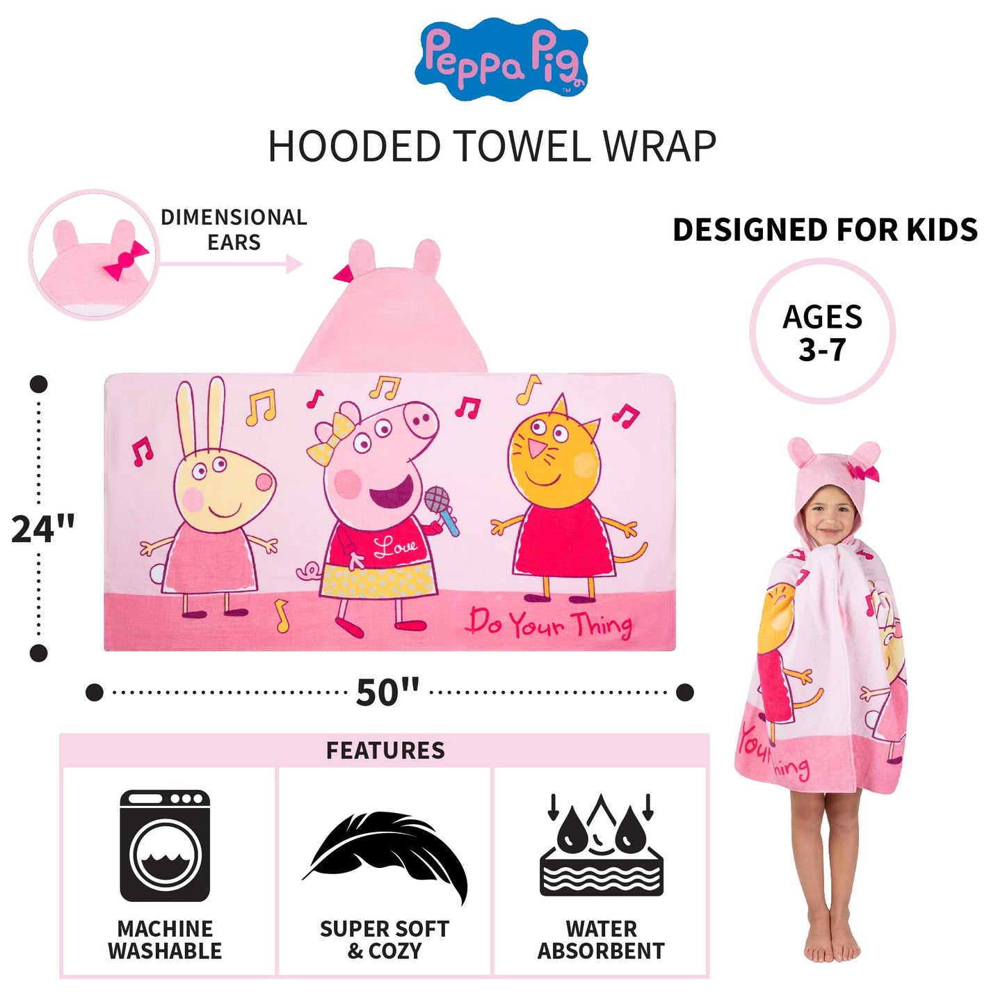 Franco Peppa Pig Kids Bath/Pool/Beach Soft Cotton Terry Hooded Towel Wrap, 24 In X 50 In, Large