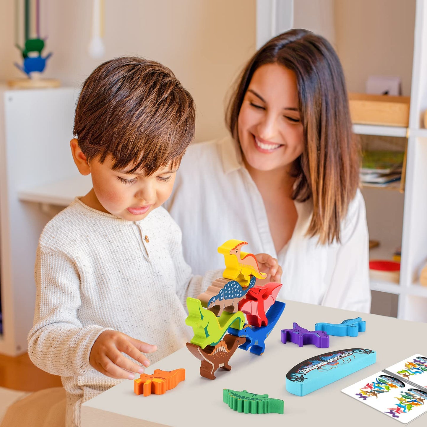 IPOURUP Dinosaur Toys for Kids 3-5: Wooden Stacking Montessori Toys for 3 4 5 6 7 8 Year Old Boys Girls Balance Competition Game
