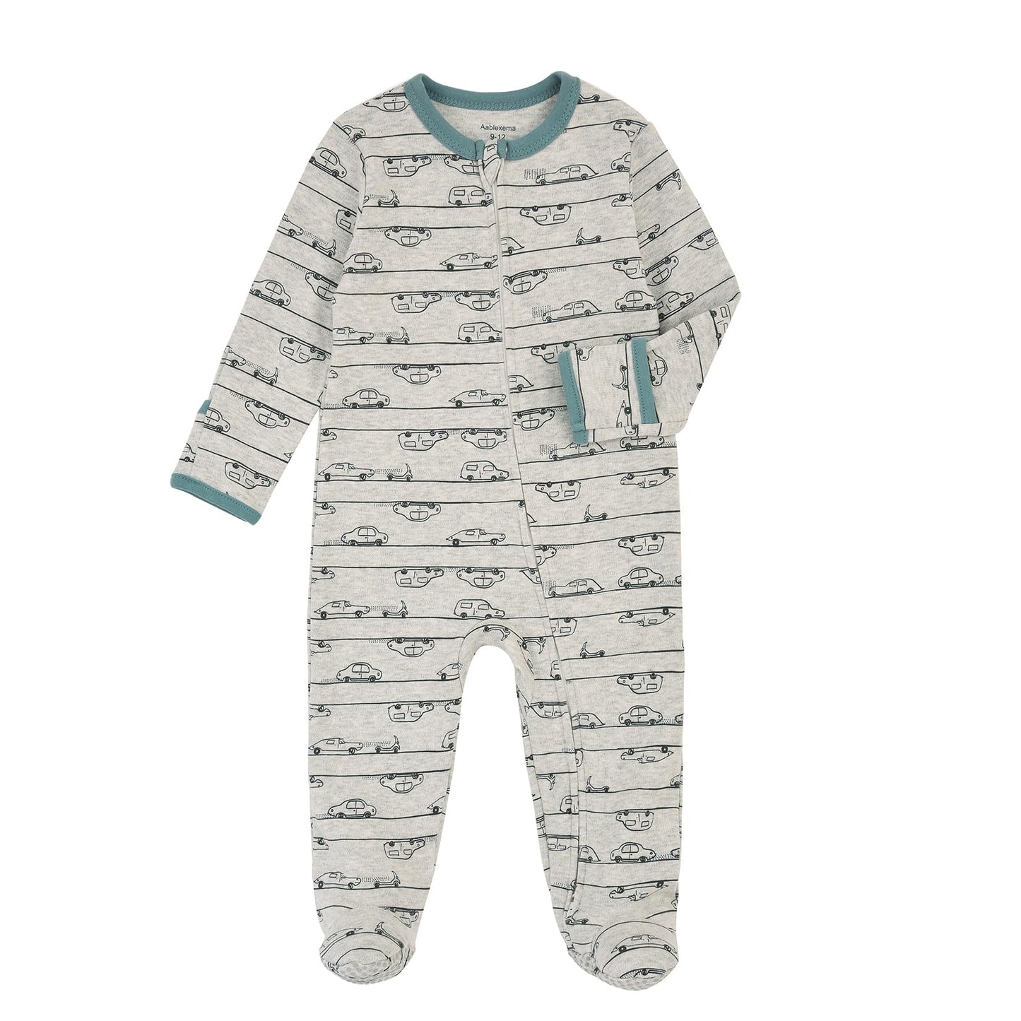Aablexema Baby Footie Pajama With Mitten Cuffs, Double Zipper Infant Cotton Clothes Sleeper Pjs, Footed Sleep Play(Car Style,6-9