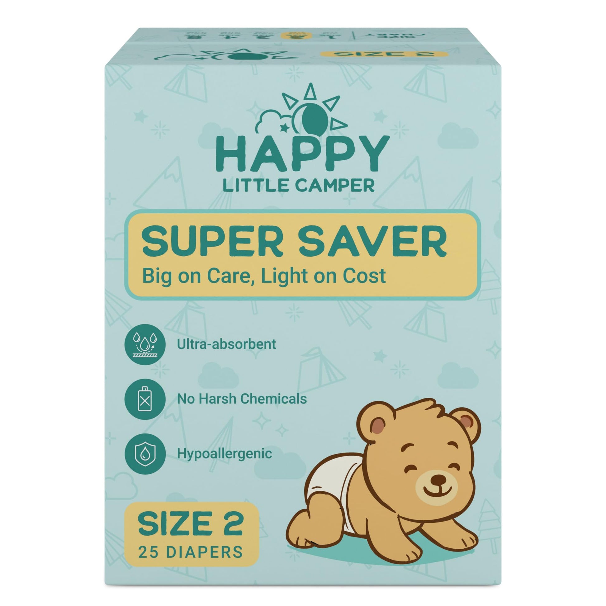 Happy Little Camper Super Saver Diapers, Size 2, 25 Count | Budget-Friendly Disposable Baby Diapers for Sensitive Skin | Hypoall
